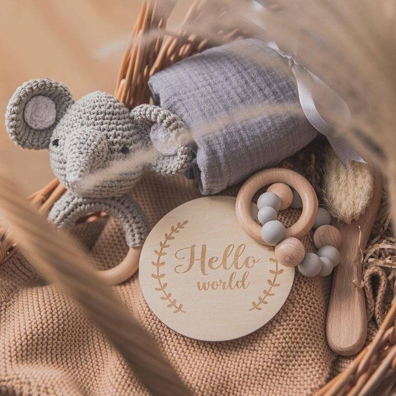 Coffret cadeau de luxe pour bébé avec couverture en coton et hochets en bois